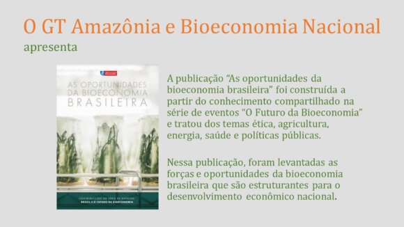 Lançamento da publicação “As oportunidades da bioeconomia brasileira” do GT Amazônia e Bioeconomia Nacional - 24/10 - 18h